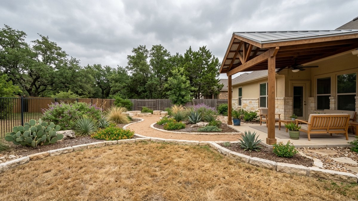 Illustration of a backyard with a dry lawn, a gravel path, drought-tolerant plant beds and a covered patio under a gray sky