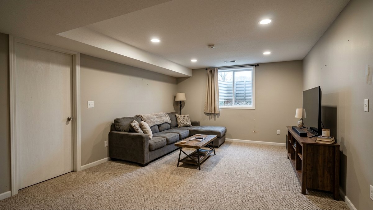 Plain finished room with gray carpet, white walls, and a small window.