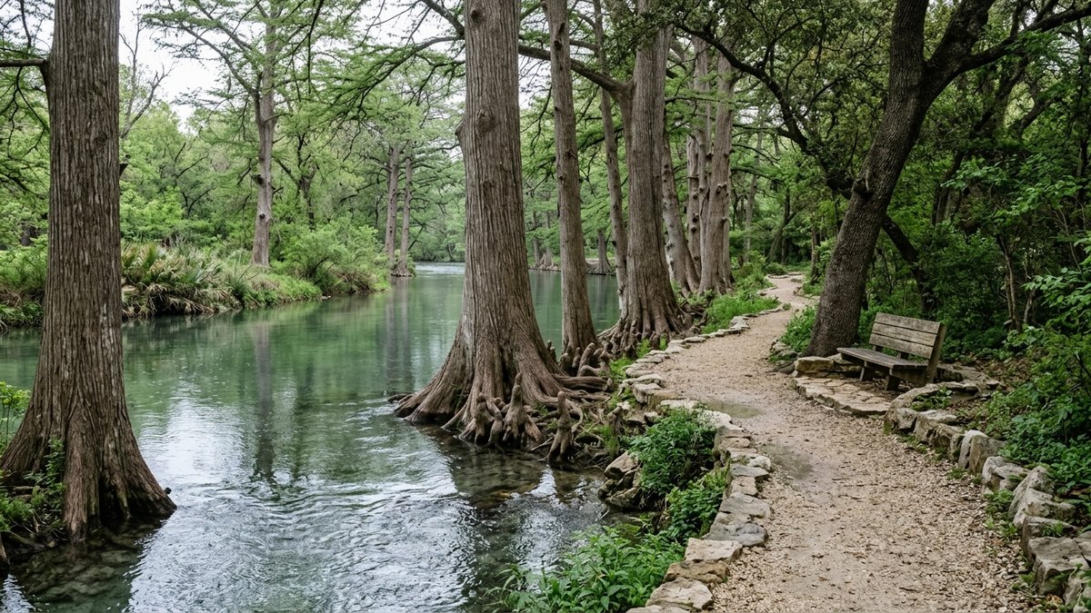 Illustrative tree-lined waterside path with stone edging and a wooden bench.