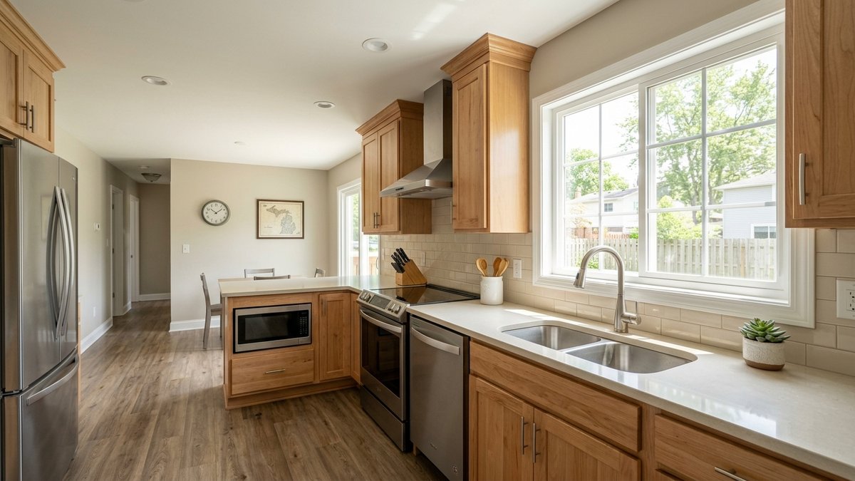 Kitchen with wood cabinets, a stainless range beneath a vent hood, and a large window.
