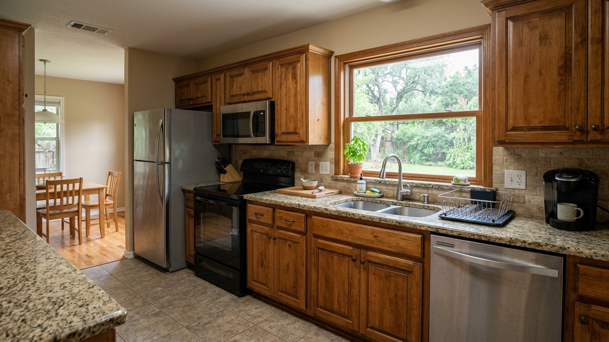 Plain kitchen inspection scene in a New Braunfels home. Used for buyer due-diligence and cost posts.