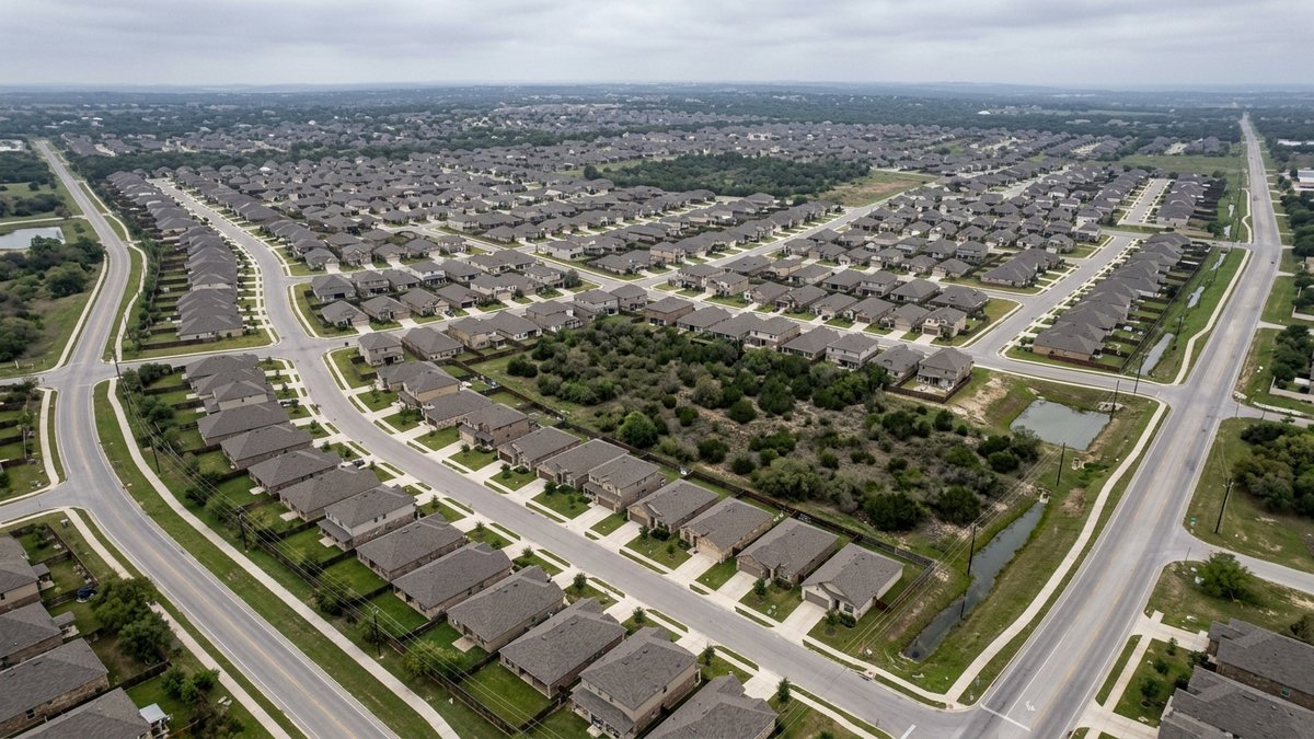 Plain overcast aerial of a New Braunfels subdivision and nearby roads. Used for market and cost-of-living posts.
