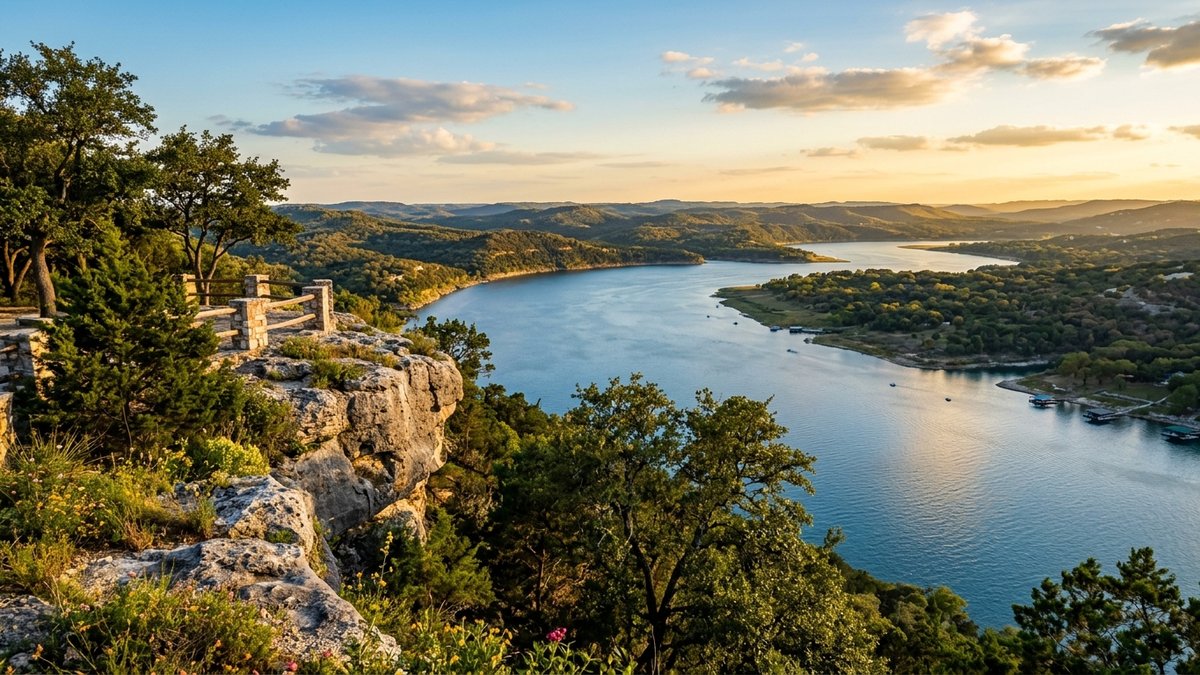 Polished Canyon Lake overlook scene in golden-hour light. Used for relocation and lifestyle posts.