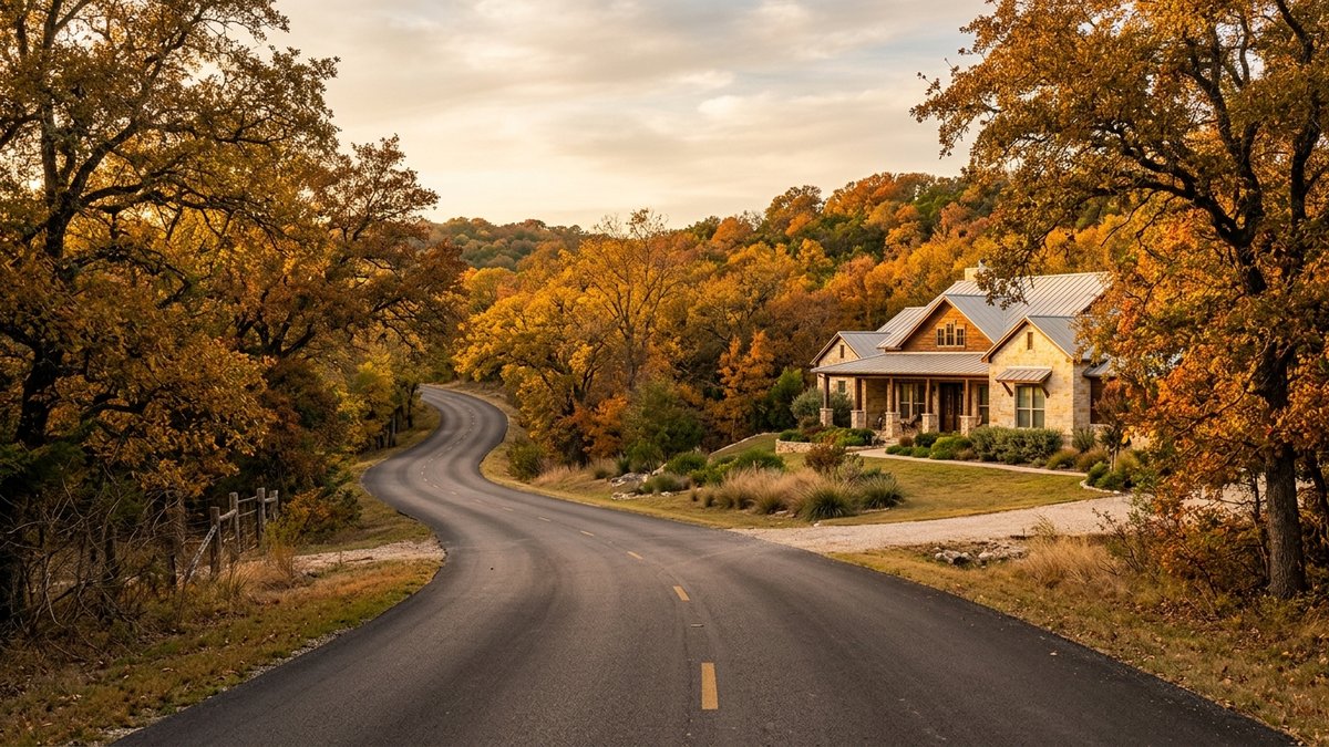 Polished fall Hill Country road and home scene. Used for seasonal market and lifestyle posts.