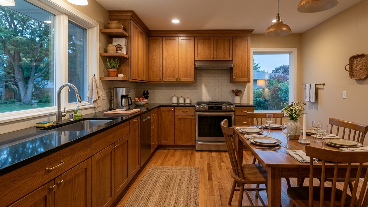 Kitchen and dining area with wood cabinets, dark counters, a table set for four and windows facing trees