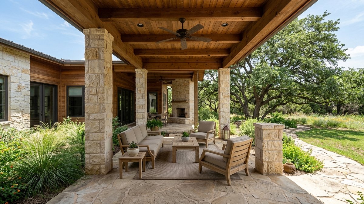 Covered stone patio with outdoor seating and a large leafy tree beside the yard.