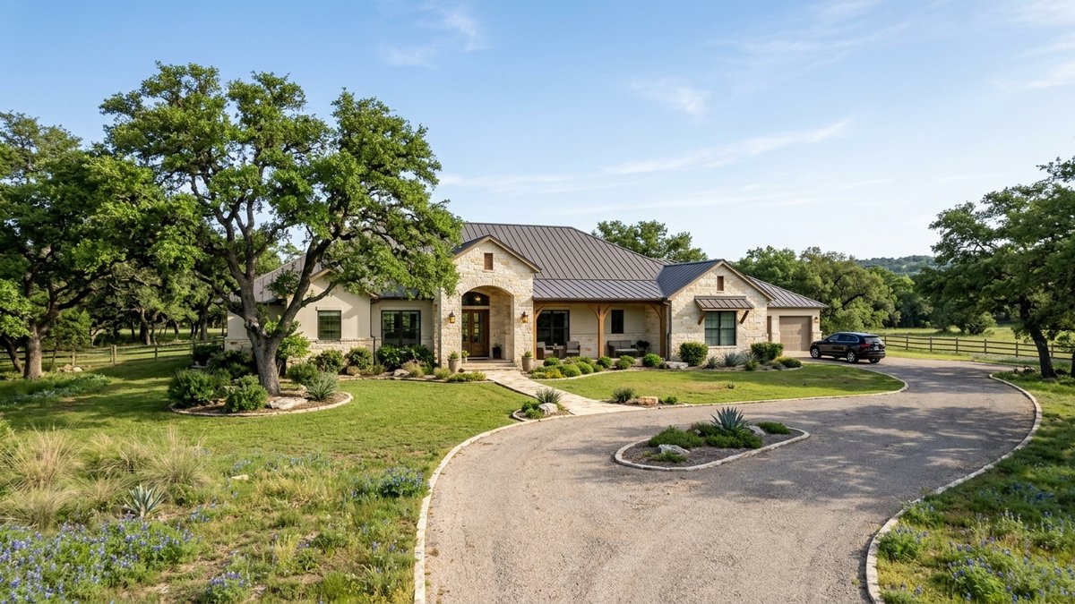 Illustrative stone-front house with a metal roof, covered entry, attached garage, curved driveway and mature trees.