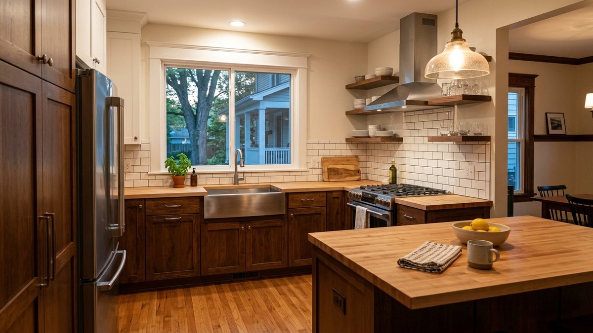 Illustration of an updated older-home kitchen with dark wood cabinets, butcher-block counters, subway tile and a window with painted trim