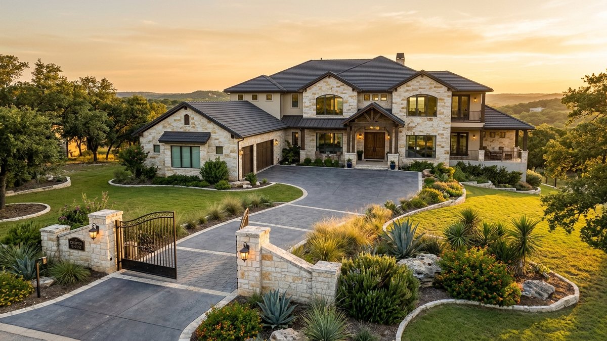 Illustrative two-story stone-and-stucco home with an attached garage, curved driveway and landscaped yard.
