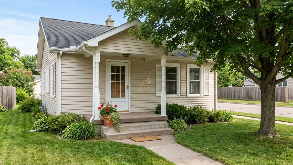 Illustrative conventional front-yard layout with a walkway, steps, covered porch, lawn and tree beside a house.
