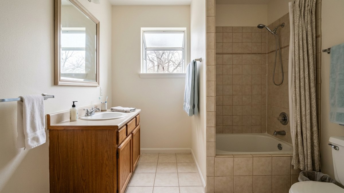 Bathroom with a wood vanity, single sink, window, and tiled bathtub and shower.