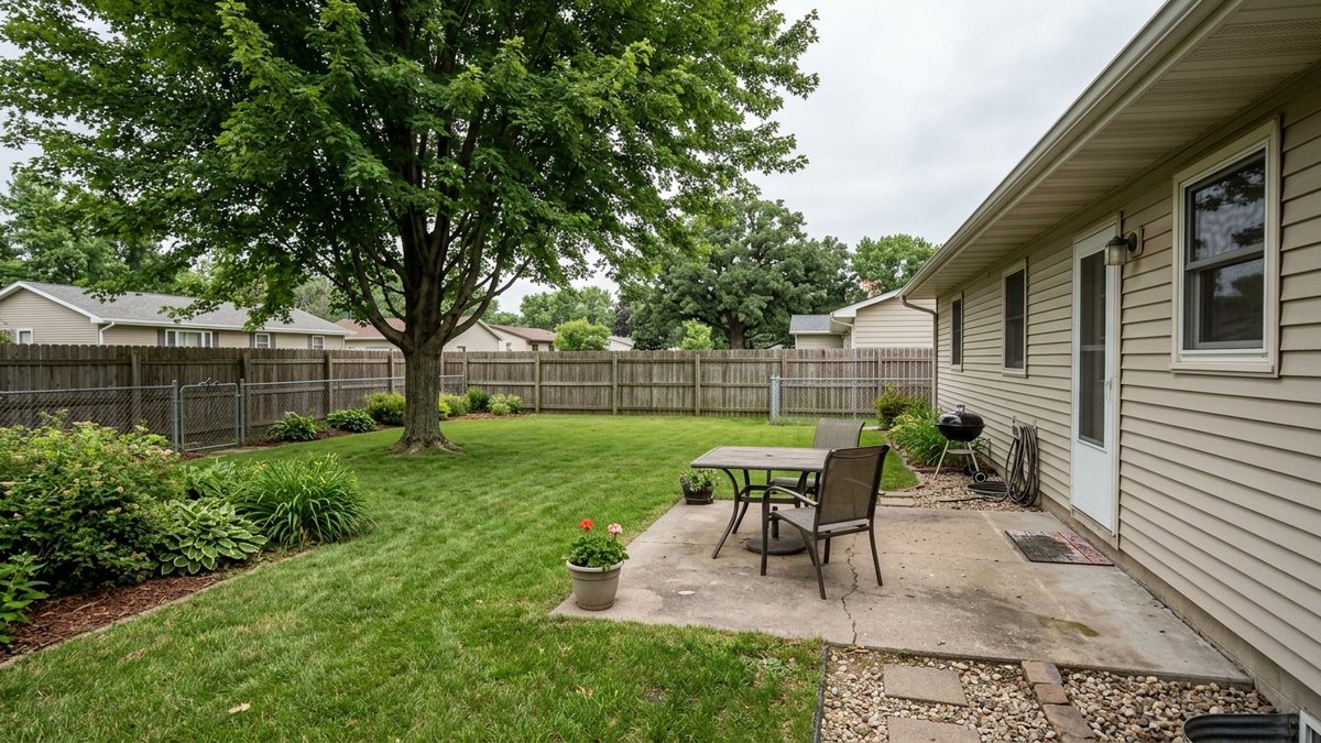 Illustration of a backyard with a wood privacy fence, a large shade tree, a concrete patio with a table and chairs and a house with light siding