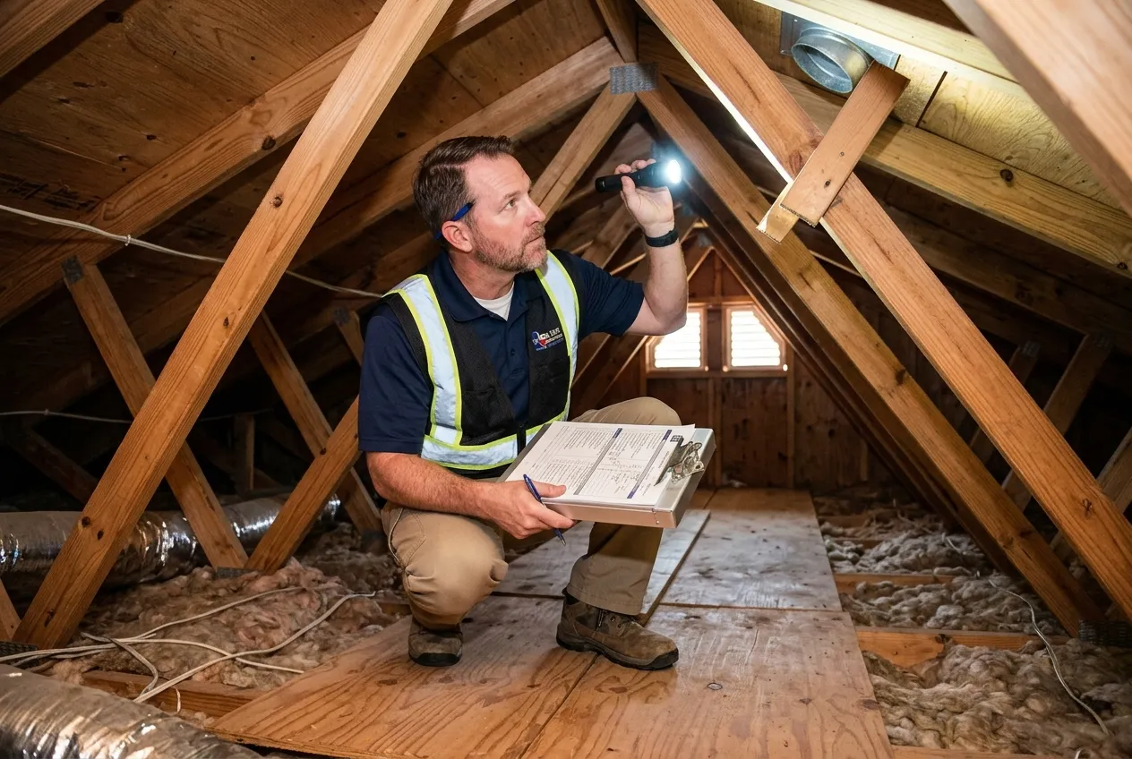 Home inspector checking attic framing with a flashlight